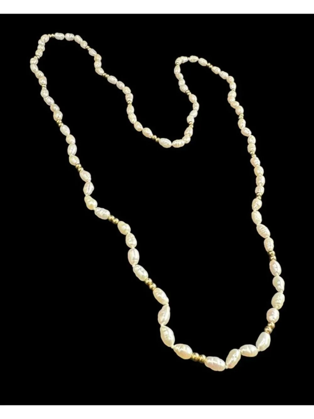 Necklace 10k Yellow Gold Beads And Rice Pearl Vintage 30 Inches Long